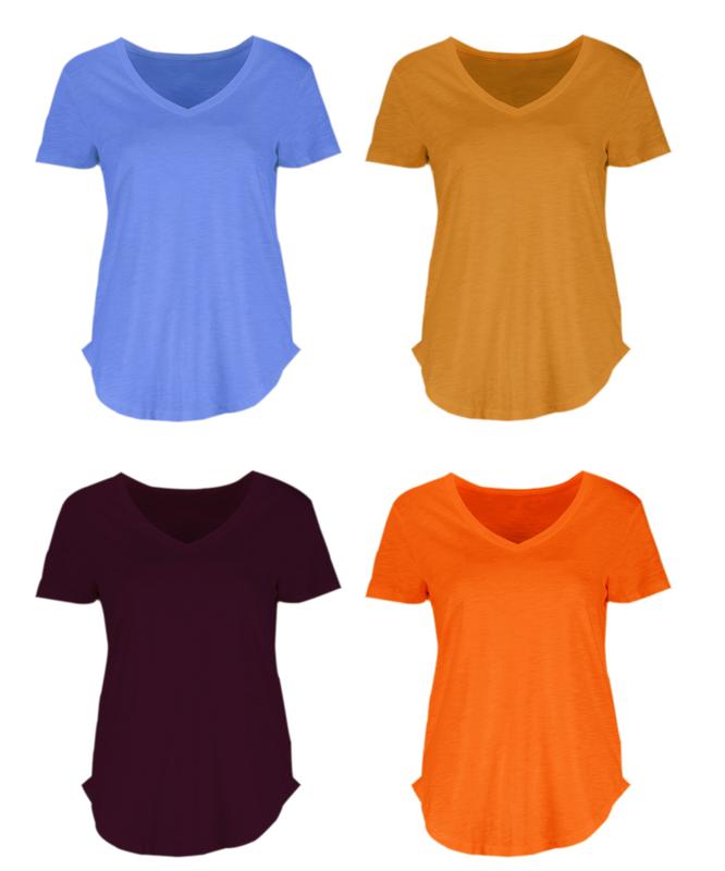 Urban Diction Casual V-Neck Plain Curved Hem Tee Packs- Set of Four, Multiple Color Combination Comfort Cotton Tops Fabric Womenswear Breathable